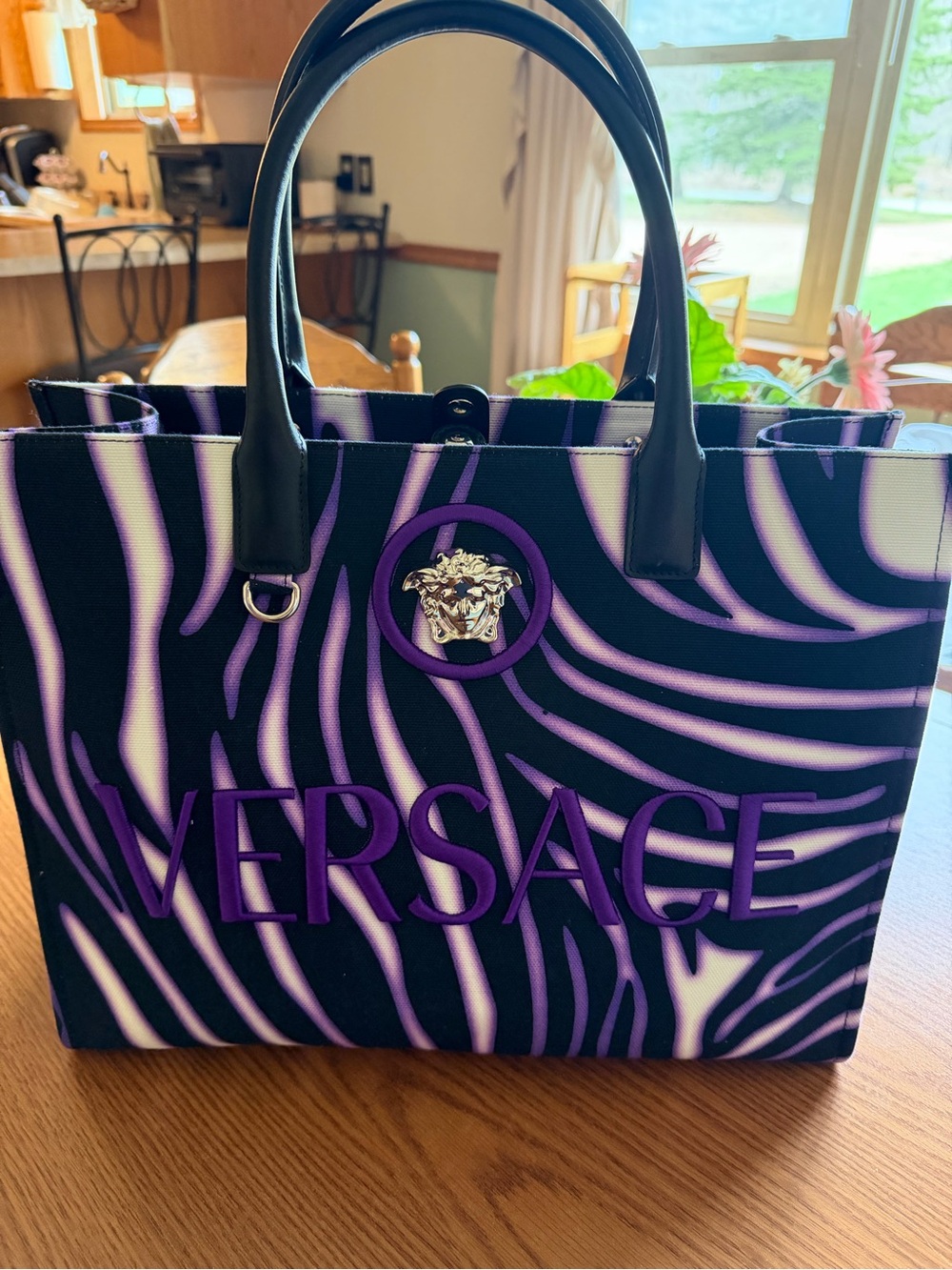 Versace Black and Purple Zebra-Print Tote with Medusa Emblem